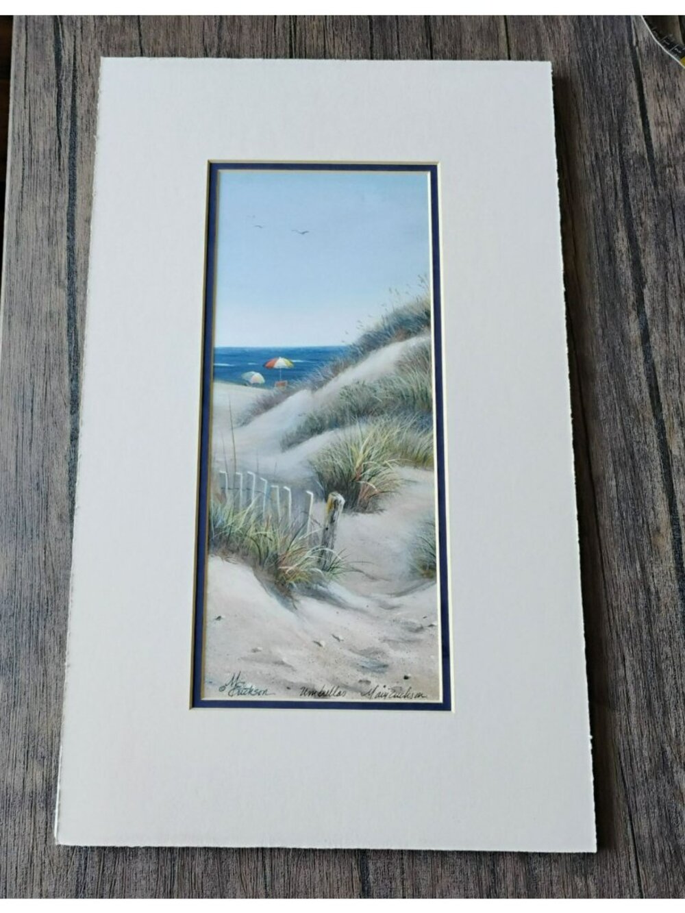 Mary Erickson Signed Art Print, Umbrellas, Coastal Beach Scene Matted 20x12